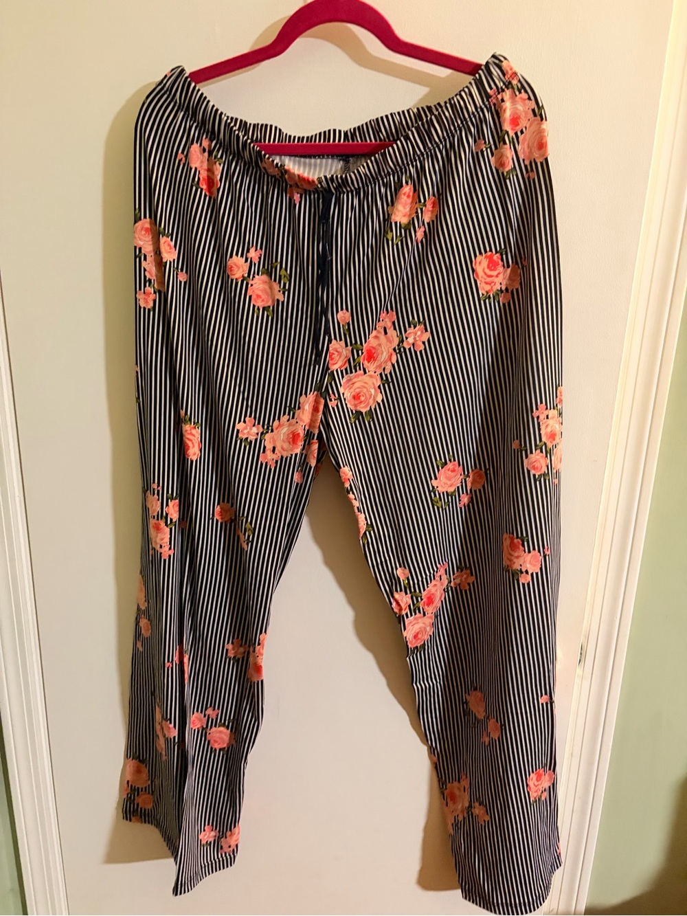 Bobbie Brooks Black and White Striped Lounge Pants with Coral Floral Print
